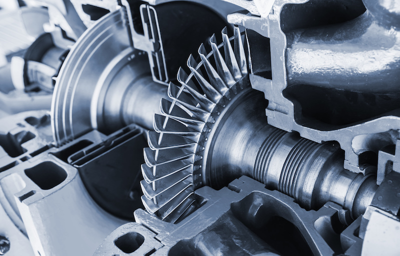 Turbine structure model, illustration with cross section, blue toned photo with soft selective focus