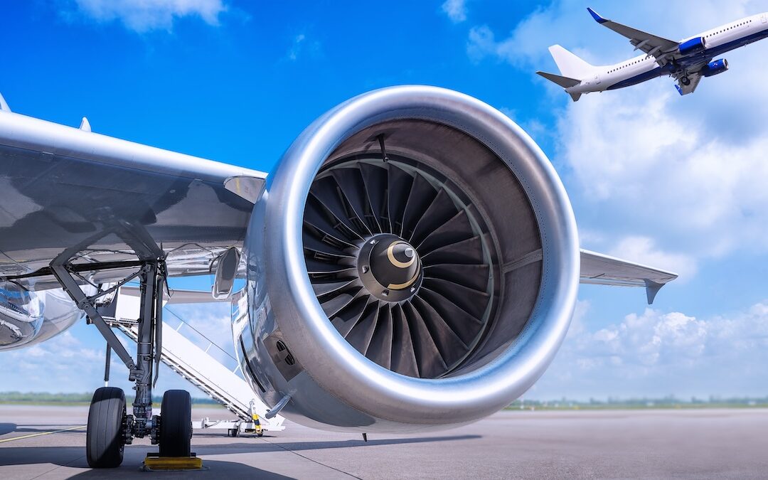 A turbine engine wing of an airplane at the airport